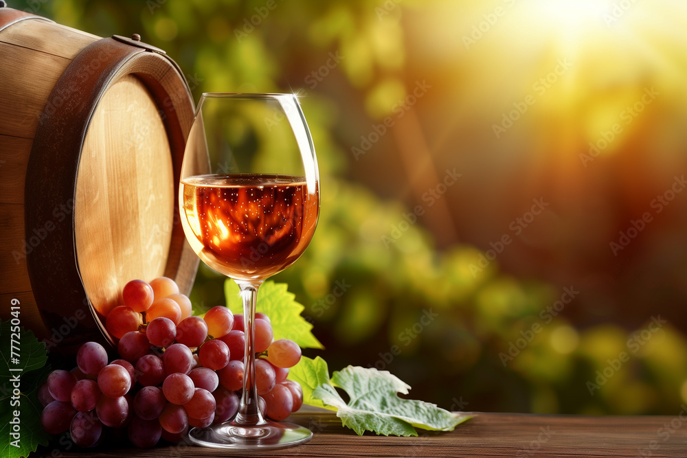 Wine scene with grapes and a barrel in sunlight