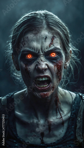 scary angry female zombie with glowing eyes on a dark and misty background