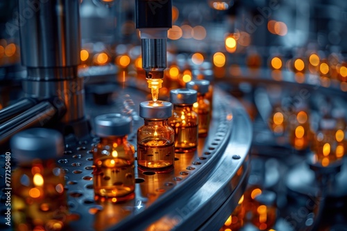 A highly detailed image showcasing a robotic arm in a pharmaceutical manufacturing process, filling orange liquid into clear glass vials photo