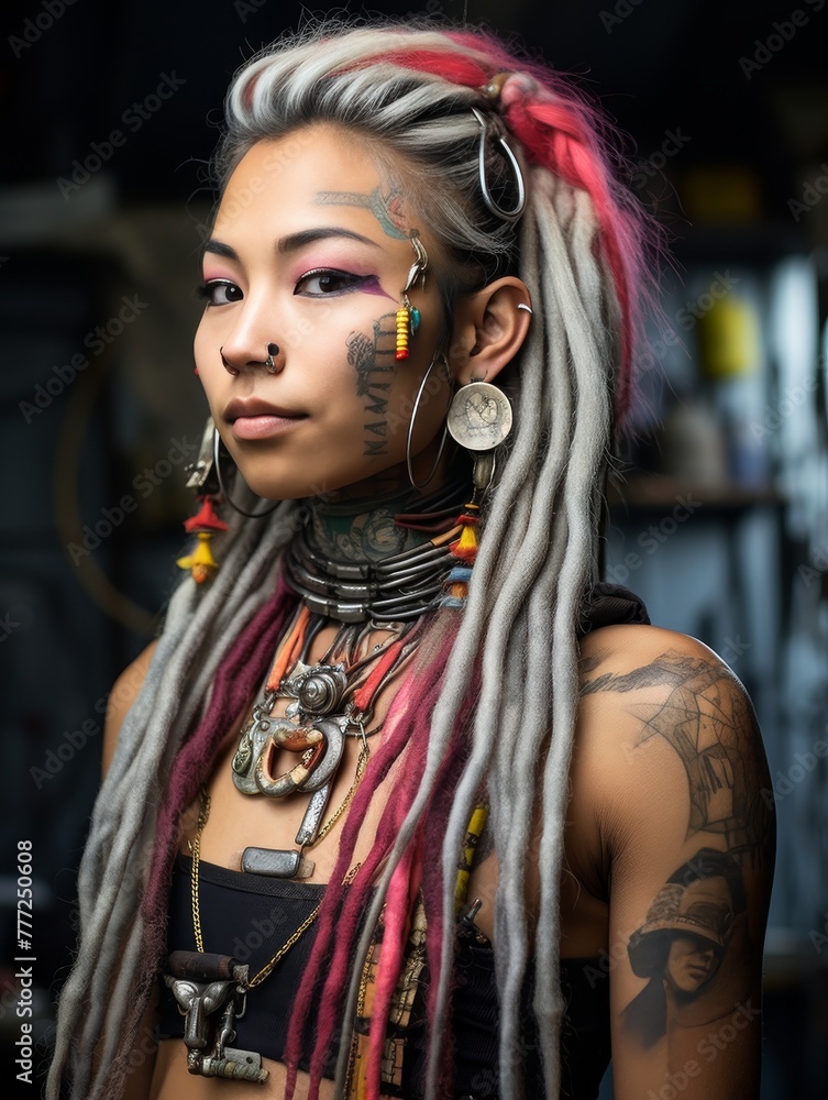 A woman with long hair and piercings is wearing a necklace and earrings