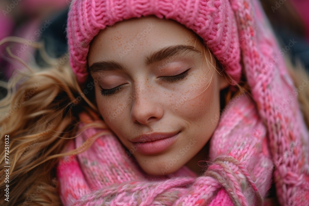 The gentle expression of a woman in a cozy pink knitted headscarf, conveying warmth and serenity on a chilly day The gentle expression of a woman in a cozy pink knitted headscarf, conveying warmth and serenity on a chilly day