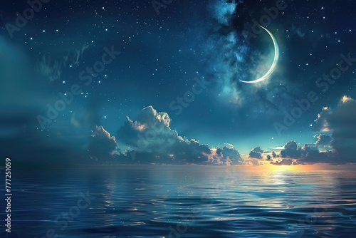 Ramadan Kareem background with crescent  stars  glowing clouds above serene sea.