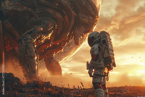 A lone astronaut stands facing a massive alien creature on a mysterious planet with a sunset backdrop photo