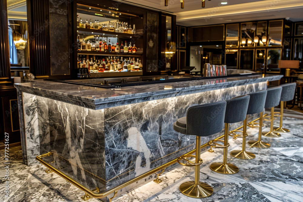 Upscale bar setting with marble counter and sleek stools.