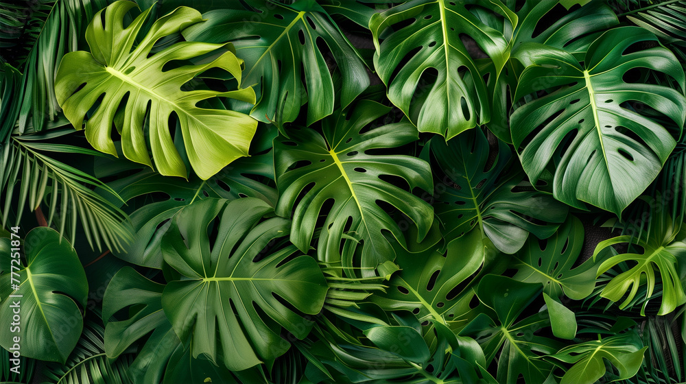 Lush monstera and palm leaves in a dense jungle pattern Lush monstera and palm leaves in a dense jungle pattern