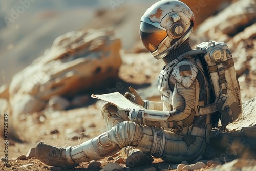 An astronaut sits on the desert ground, engrossed in reading, amidst a rocky landscape, suggesting study