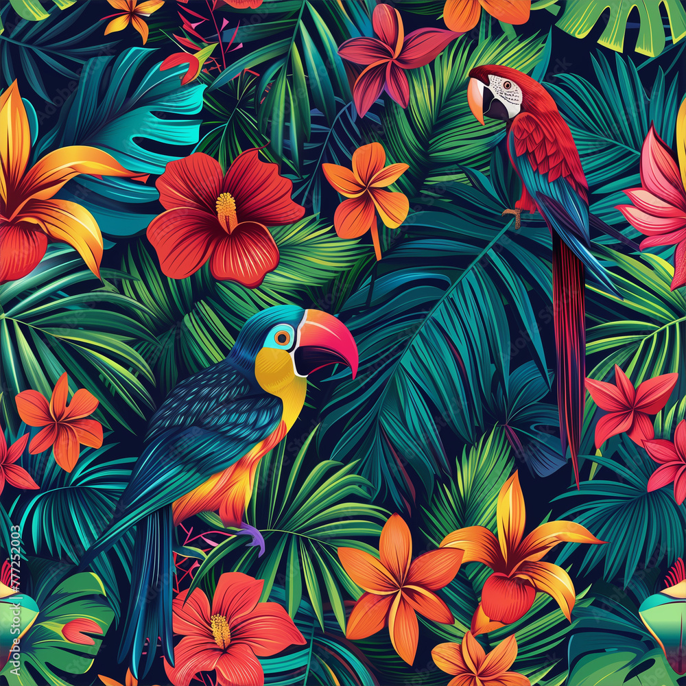 Colorful tropical pattern with birds and lush foliage Colorful tropical pattern with birds and lush foliage