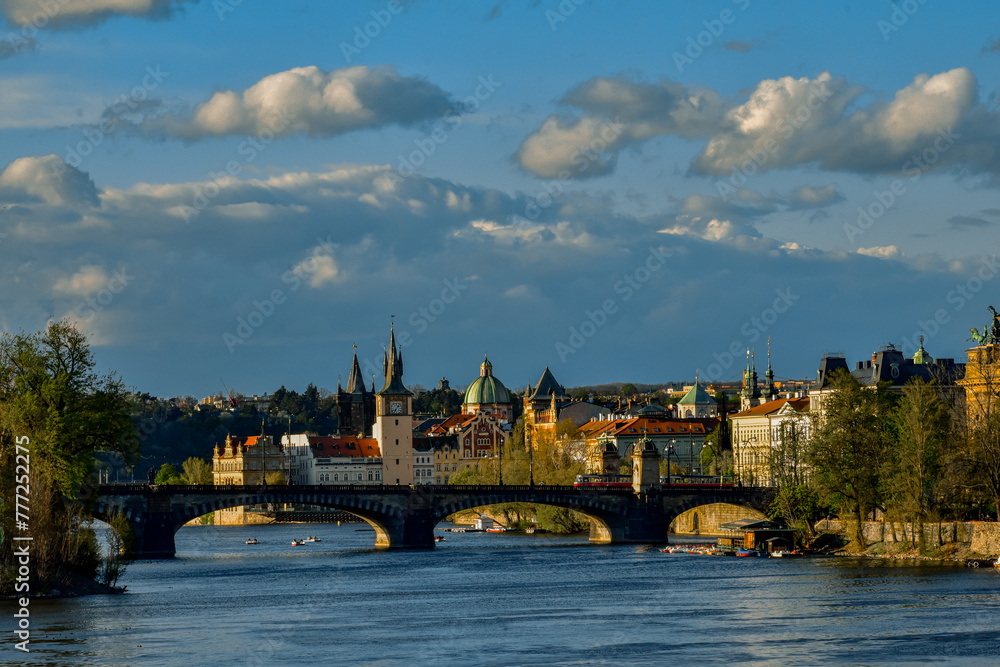 Prague city view. Bridge over the Vltava river