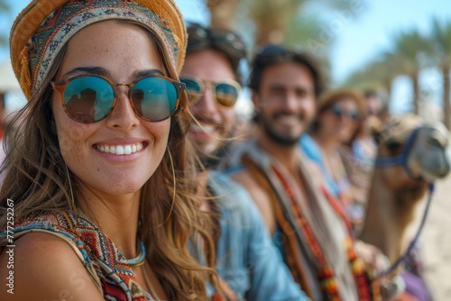 Cheerful woman wearing sunglasses takes selfie on camel ride, with group on beach
