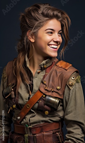 A young girl in a Steampunk costume, smiling