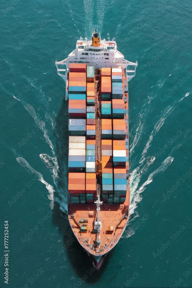 A large container ship sailing on a clear summer day on the open sea. Enface view from above