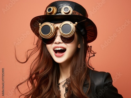A young girl in a Steampunk costume, smiling
