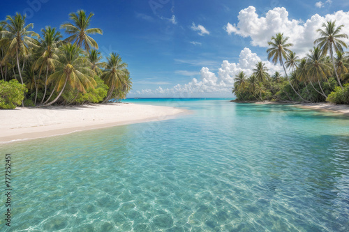 A beautiful beach with palm trees and a clear blue ocean. The water is calm and the sky is clear