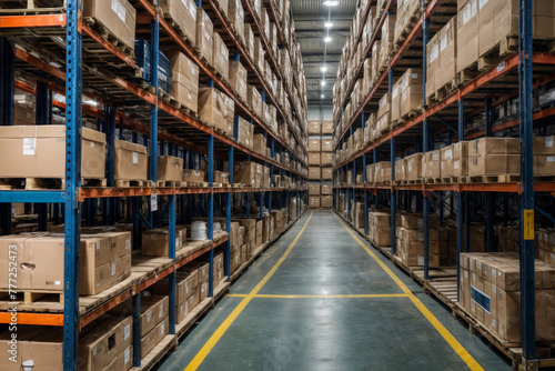 A large warehouse with many boxes stacked on shelves. The boxes are mostly brown and white. Labeling goods in the warehouse for better organization and inventory management