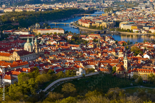 Prague aerial city and river view. Vltava river 