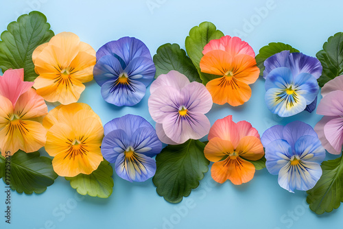 Border in  pansies flowers on pastel  blue background. Background for banner  wedding greeting card  St Valentines  Women s  Mothers day. copy space 