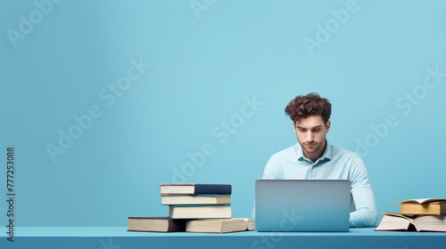 A student or scientist sits at a table with a laptop and books, and studies or reads. Banner on a plain background with a place to insert text.