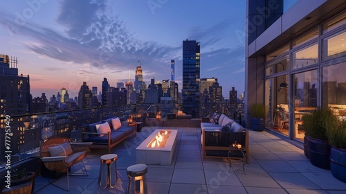 A chic urban rooftop terrace, with stylish outdoor furniture and panoramic views of the city skyline at dusk.