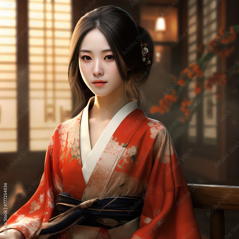 Woman in Red and White Kimono Strolling Through Vibrant City Streets Woman in Red and White Kimono Strolling Through Vibrant City Streets