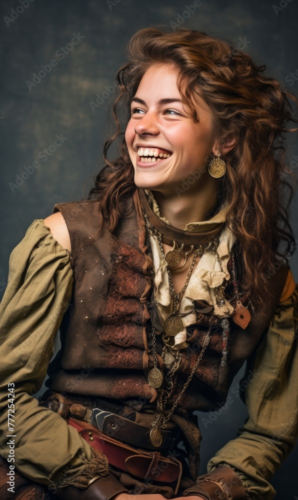 A young girl in a Steampunk costume, smiling