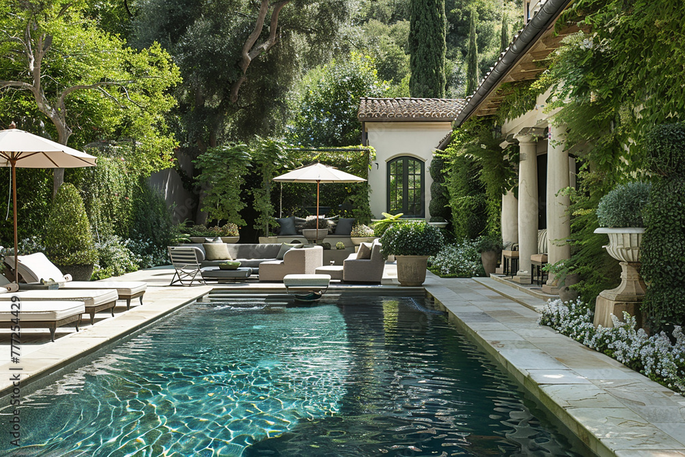 Inviting outdoor seating arranged around a pristine pool in a lush backyard.