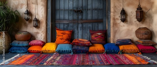 Pile of Arabianstyle pillows carpets lanterns and vintage African embroidery in cozy setting. Concept Arabian Style Decor, Vintage African Embroidery, Cozy Setting, Pillows and Carpets, Lanterns
