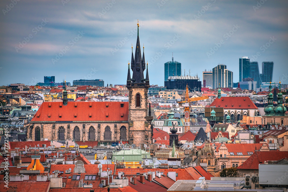 Old Town Square Prague. Aerial overview. The Gothic Church of Our Lady before Týn