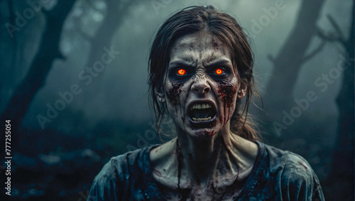 scary angry female zombie with glowing eyes on a dark and misty background © The A.I Studio