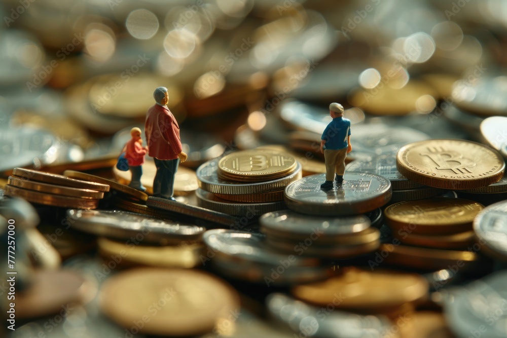 Obraz premium A pile of coins and miniature people. The concept of income distribution and poverty.