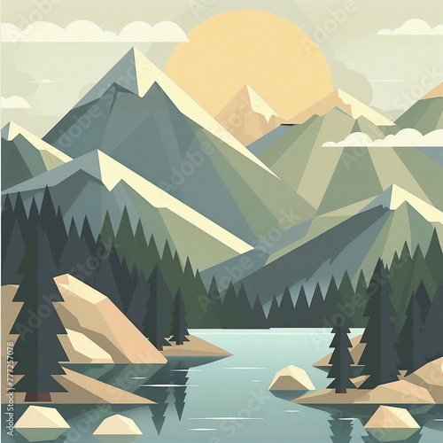 Illustration of a mountain landscape in shades of green
