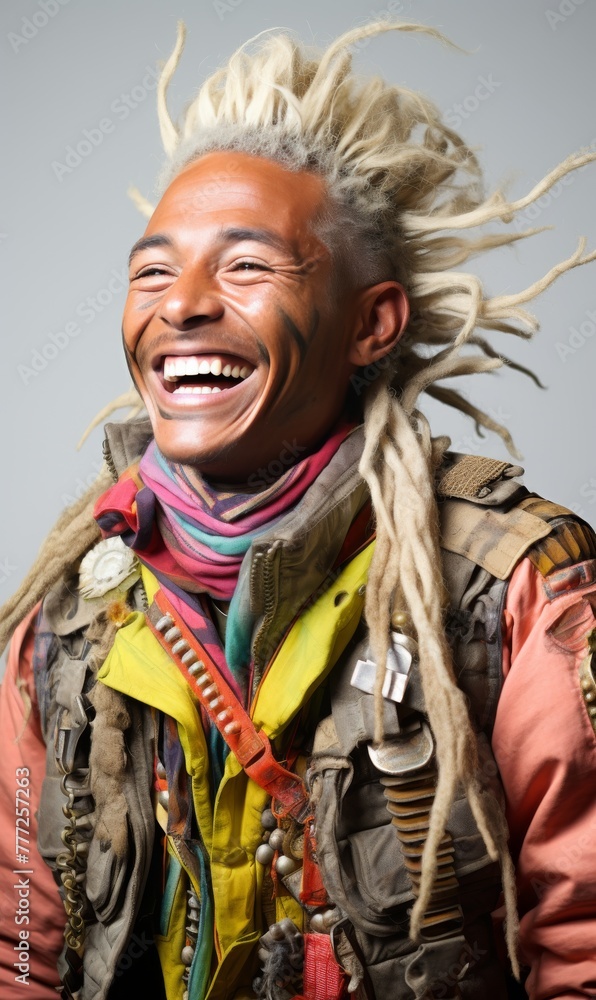 A man with dreadlocks is smiling and laughing
