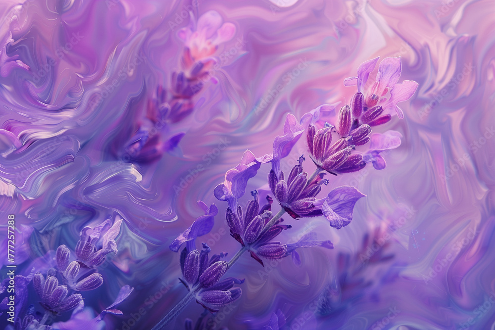 Lavender flowers in liquid art and digital painting style in purple and pink colors.