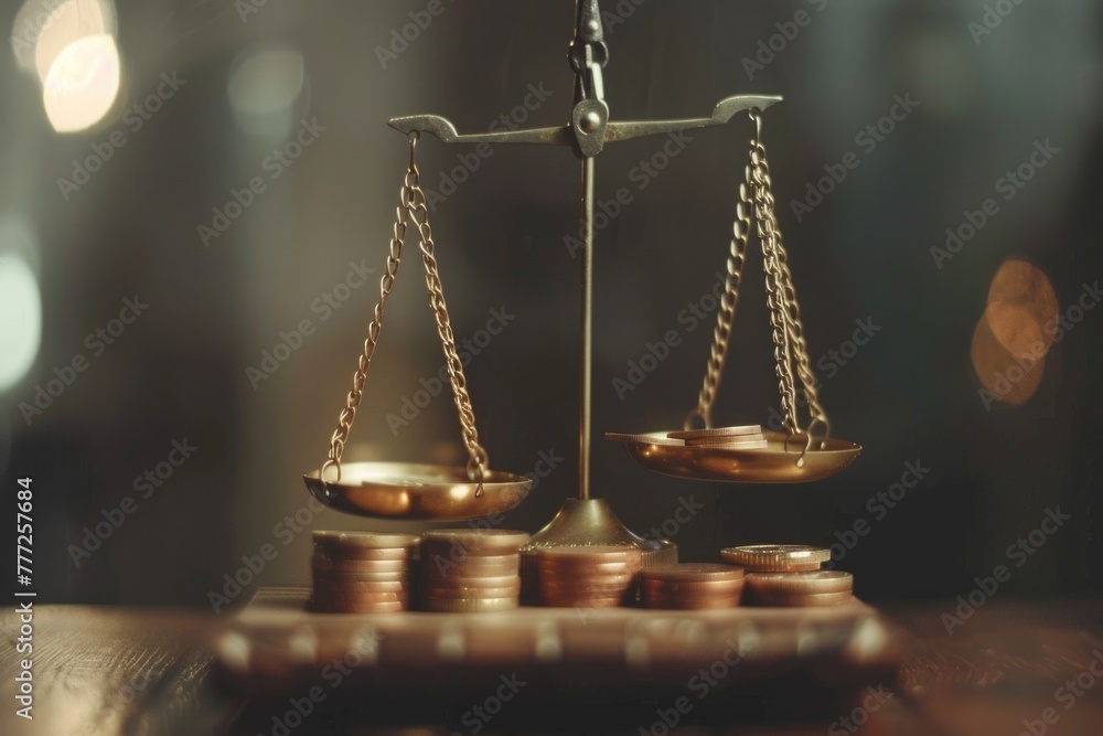 Inequality in level of pay. People income gap. Coins on scales. Inequality in level of pay. People income gap. Coins on scales.