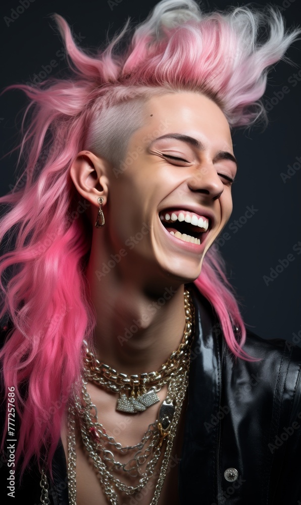 A boy with color hair and a color jacket is smiling