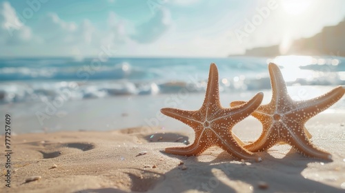 Two starfish on the beach against the sea and sunlight with copy space banner. Summer  vacation and travel time concept.