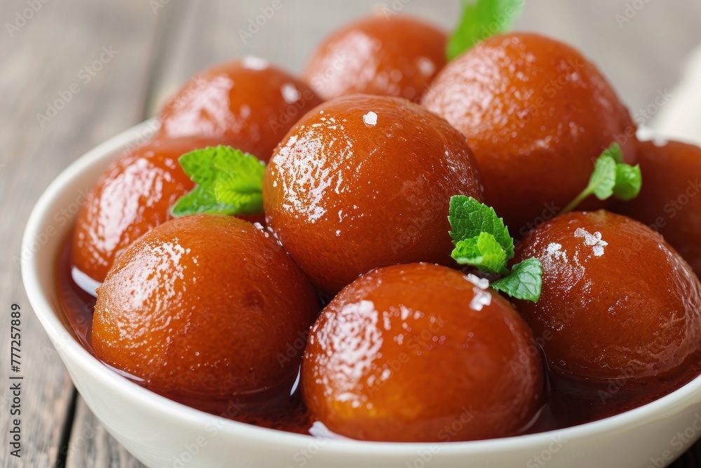 Close up of gulab jamun in a white bowl on wooden table. Indian sweets concept. Close up of gulab jamun in a white bowl on wooden table. Indian sweets concept.