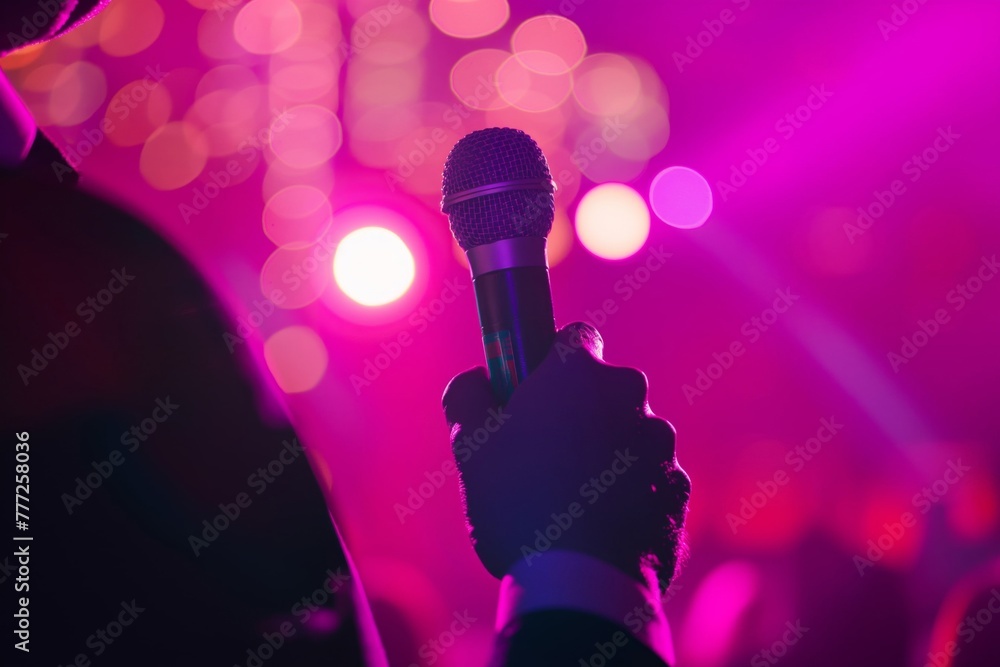 Obraz premium A man in a business suit holds a microphone, addressing the audience. The background is an unfocused crowd of listeners in the hall. Education, presentation, conference