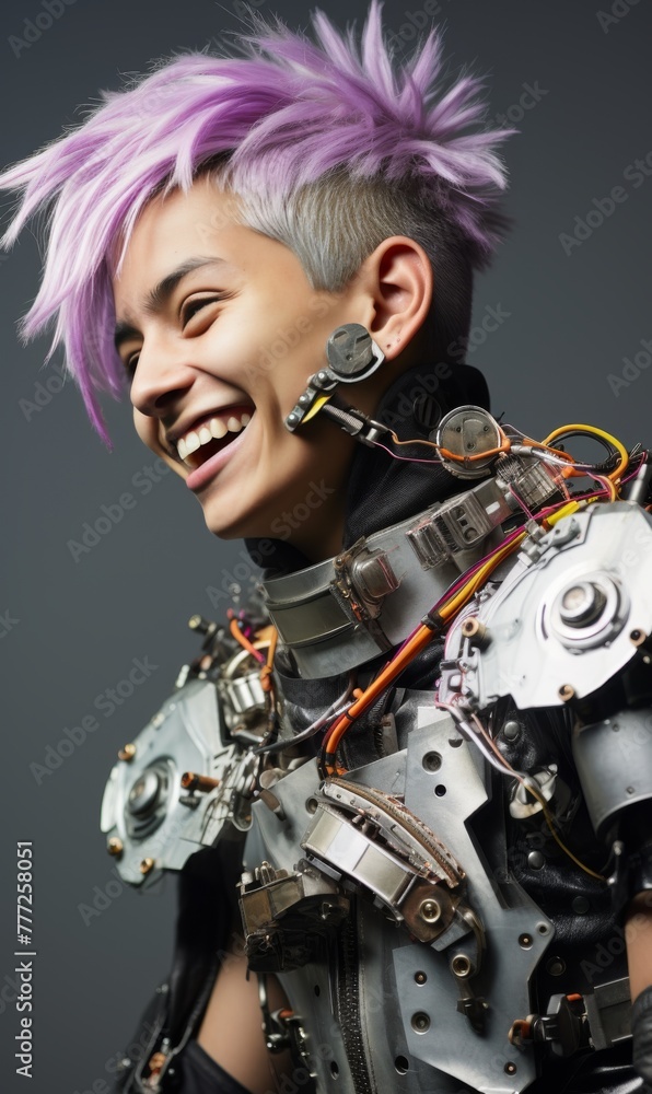 Obraz premium A man with purple hair and a metal suit is smiling
