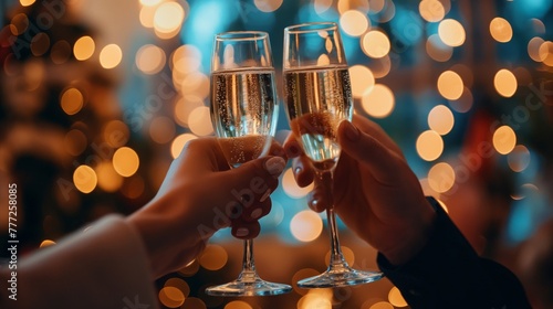 Hands holding champagne glasses create an atmosphere of joy and celebration, adding excitement and anticipation to the festive moment photo