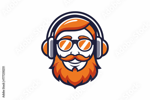 A music company Logo: a smiling dude with orange beard and sunglasses and headphones, ink style, white background