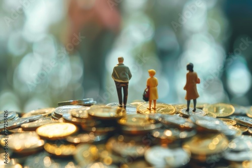 The concept of racial income gap. Miniature people standing on pile of coins.