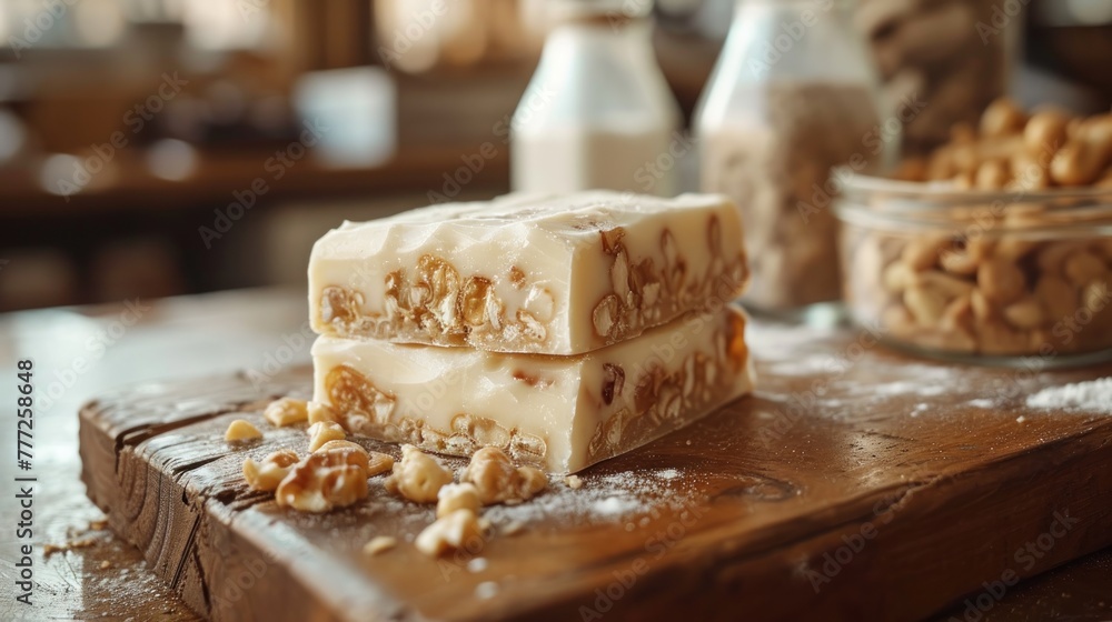 Homemade Turron or spanish soft nougat, with nuts on wooden plank banner. Homemade Turron or spanish soft nougat, with nuts on wooden plank banner.