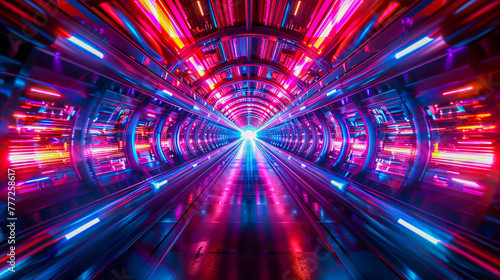Futuristic tunnel with neon lights, creating a vision of travel and technology in a science fiction setting © Joynal