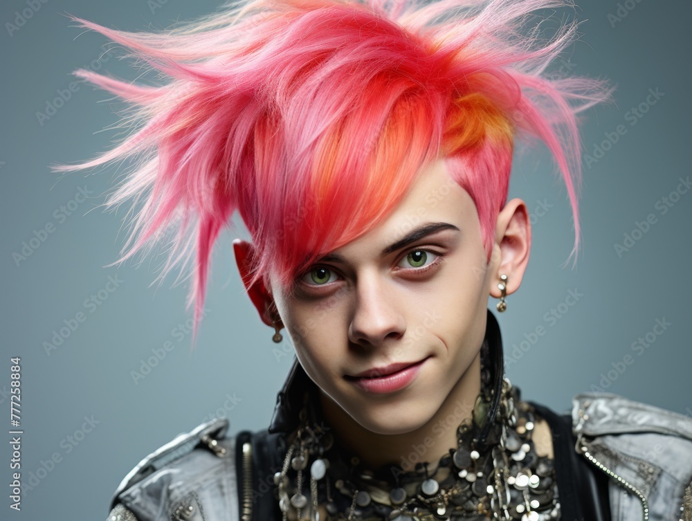 Fototapeta premium Young Man With Pink Hair and Piercings