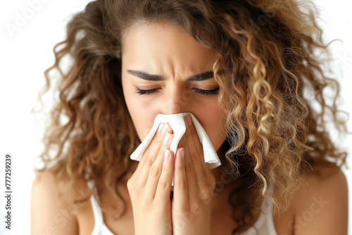 Young woman with flu symptoms blowing her nose into a tissue.