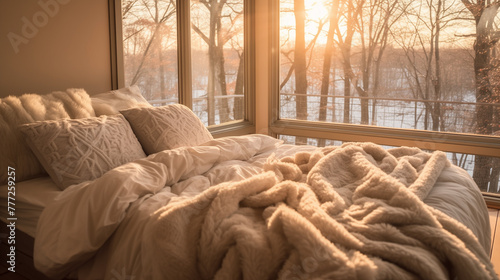 photo of bedroom, white aesthetic, faux fur throw blanket on bed, sunlight coming in during golden hour, trees outside
