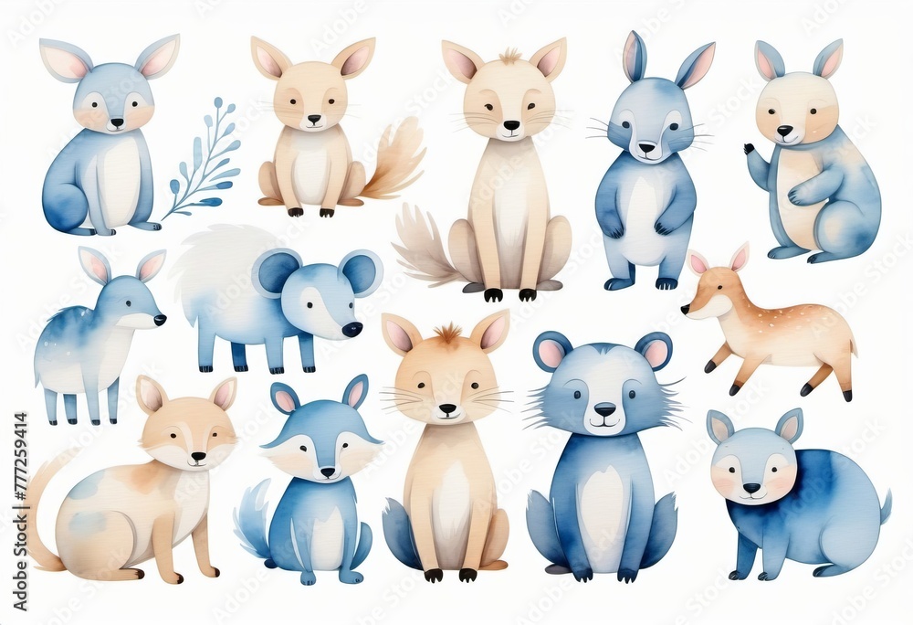 Watercolor drawing cartoon animals, children's illustration, print, template, on white background.