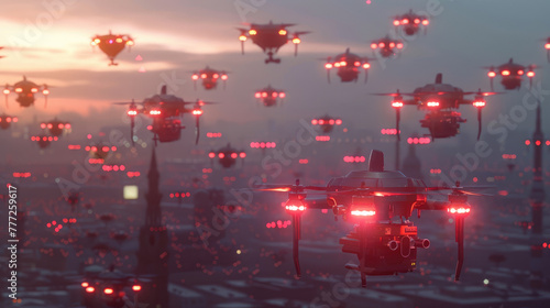 hundreds of drones with red lights flying in the air