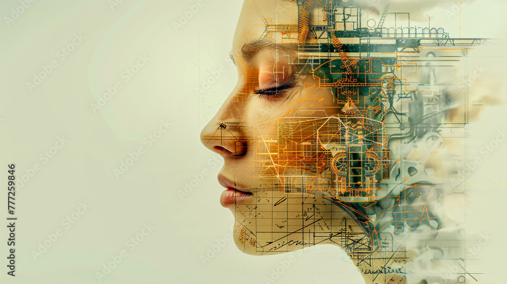 Futuristic Woman with Digital Interface, Concept of Technology, Cyber Network, and AI