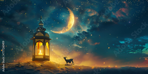 illustrations night got and moon for eid ul adha with bokeh background  photo